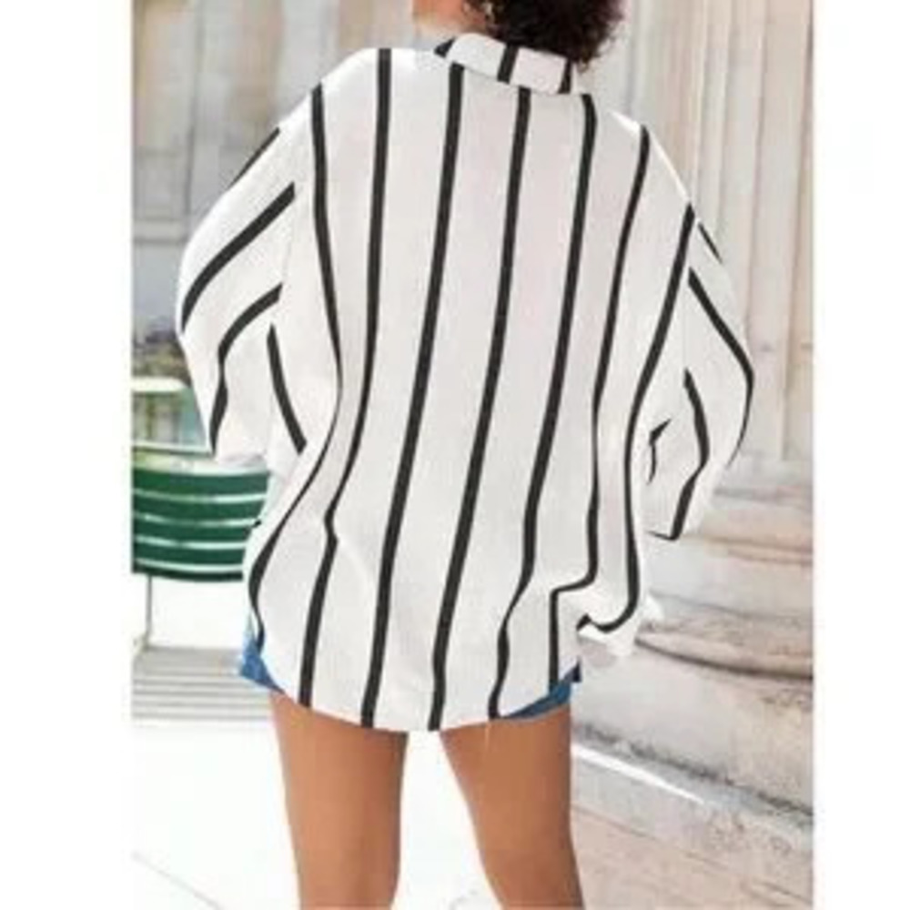 White with Black Stripes Oversized Button Down Shirt Long Sleeve - Picture 4 of 5